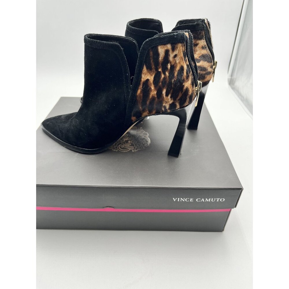Vince Camuto Black Pointed Toe Stiletto Heel Booties With Leopard Print 7.5M